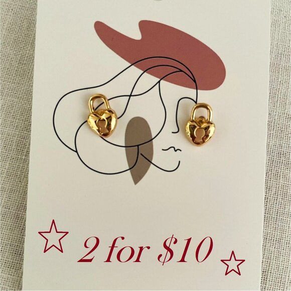 Small Stud Goldtone Heart Lock Stud Earrings Minimalist Academia Cute - Picture 10 of 10